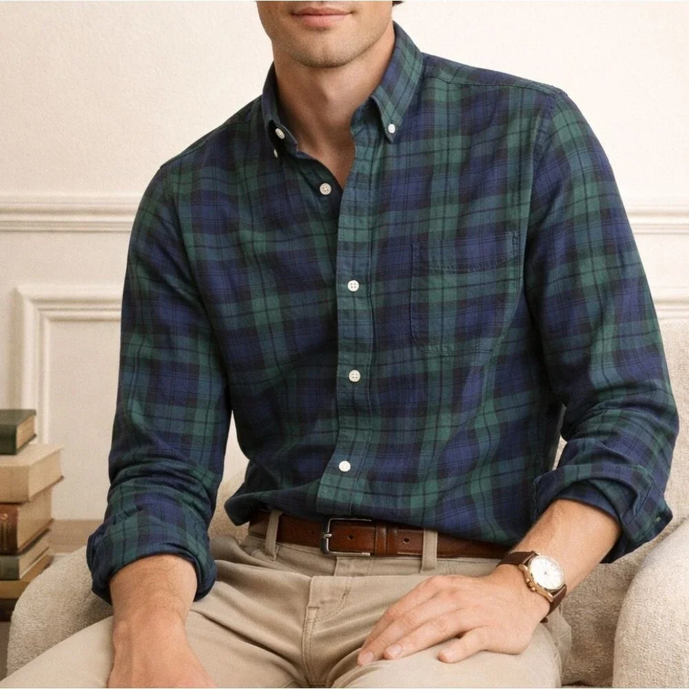 J.Crew Men’s Large Secret Wash Shirt Blackwatch Plaid Organic Cotton Preppy